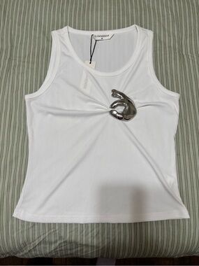 Commense White Ribbed Tank with Silver Knot Accent